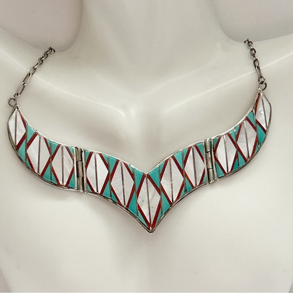Vintage Signed Zuni Turquoise Mother Pearl Coral Inlay Sterling Silver Necklace - Picture 3 of 15